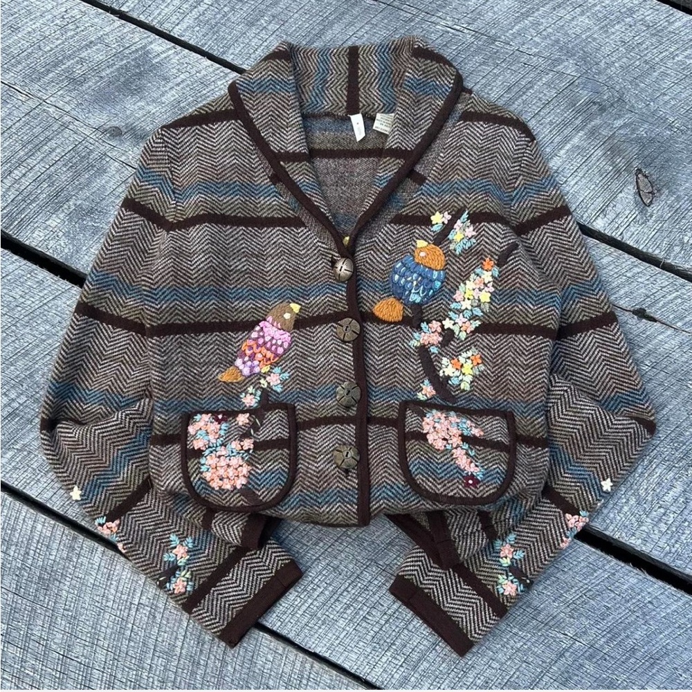 MOTH by ANTHROPOLOGIE Hand Embroidered Brown Chevron Blazer with Bird Embroidery